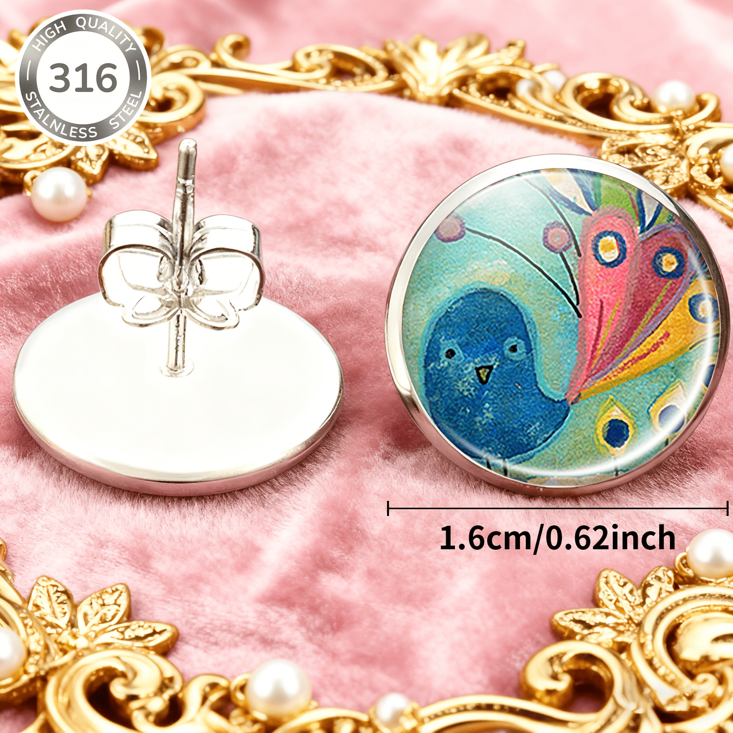 2pcs Set Colorful Blue Bird & Pink Abstract Pattern Earrings